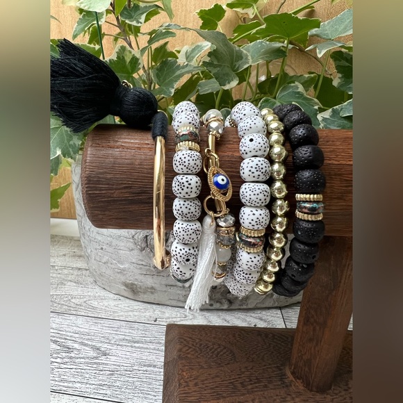 Stylish Boho Chic Gold & Black Stacked Bracelets -Trendy Mixed Style Bracelets - Picture 15 of 17